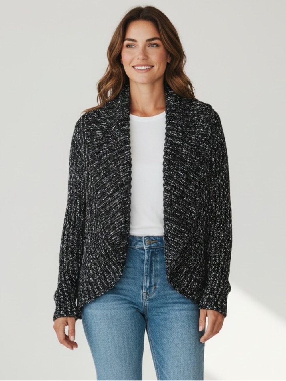 Black & White Marled Shawl Collar Cardigan
